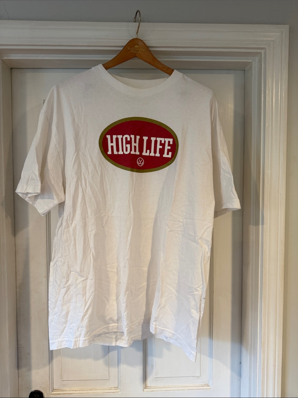 Just Living White Short-Sleeve Tee with Red and Olive Logo